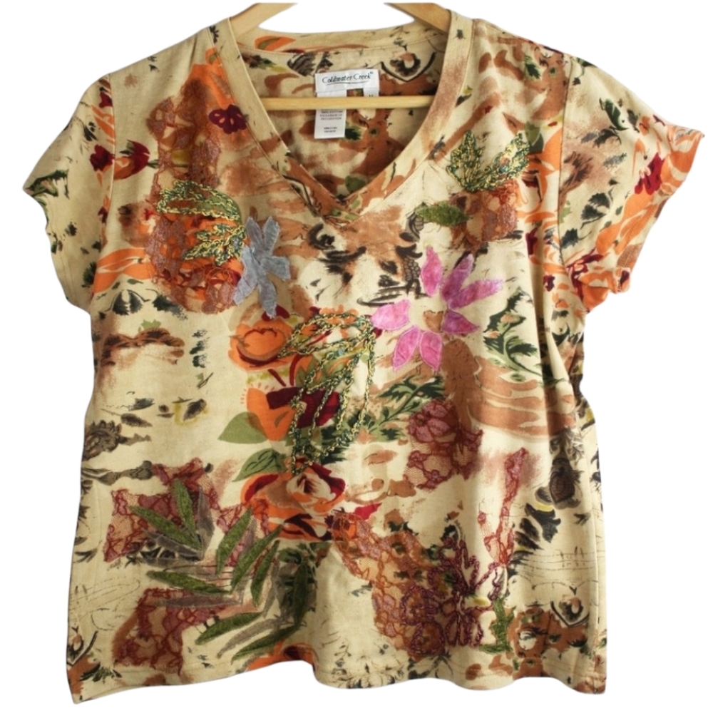 Multi Color and Embellished V-Neck Top Size M